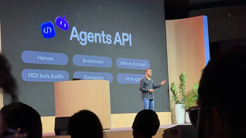 Agents API slide listing harness, environment, memory and context, MCP tools and skills, compaction, and multi-agent