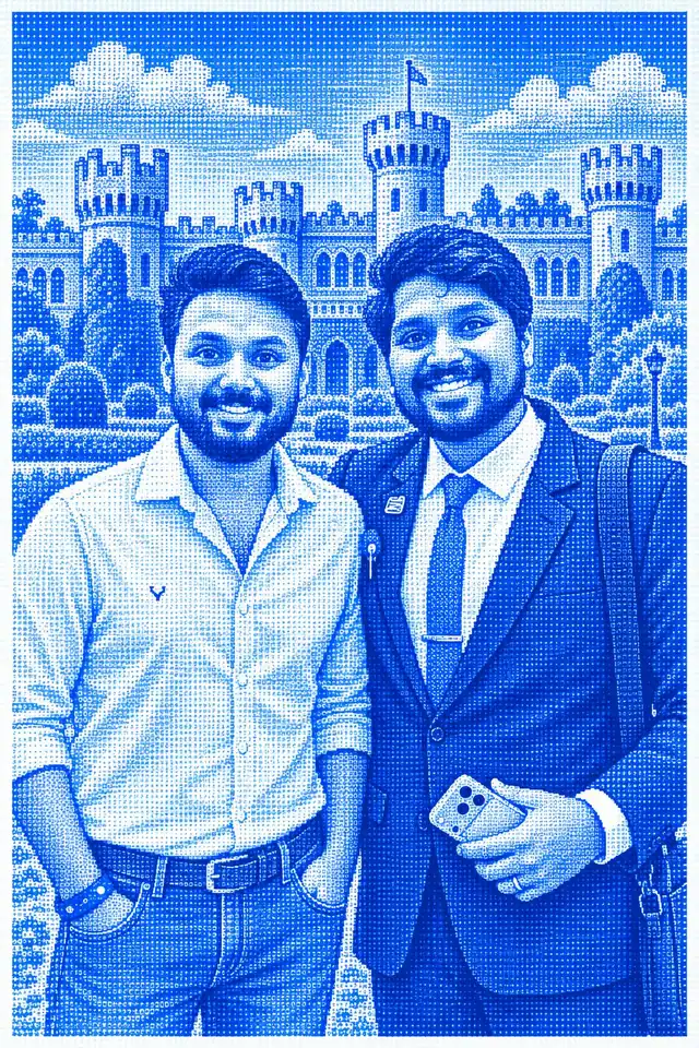 Blue engraving-style portrait of Shivanath Devinarayanan and a fellow attendee with Bangalore Palace behind them
