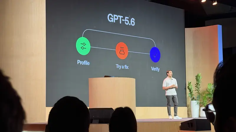 GPT-5.6 slide showing a Profile, Try a fix, Verify loop with the presenter on stage